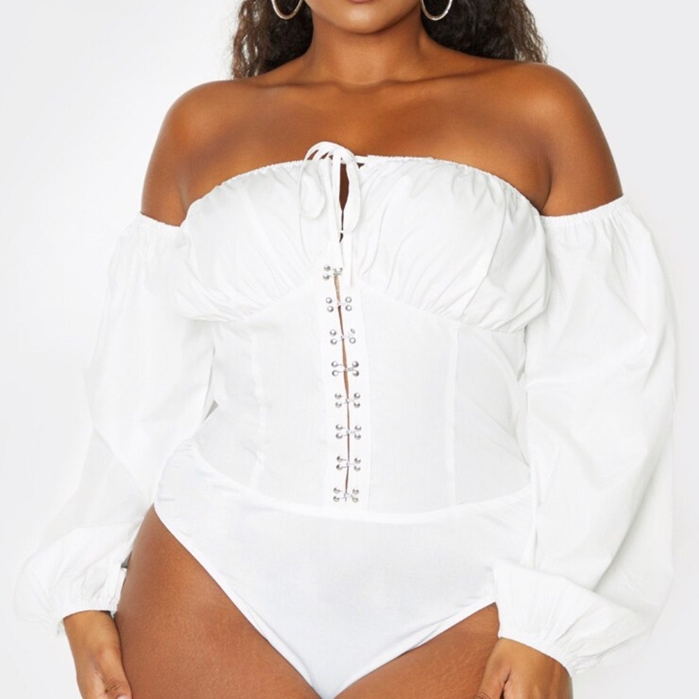 plus white hook & eye bardot long sleeve body suit